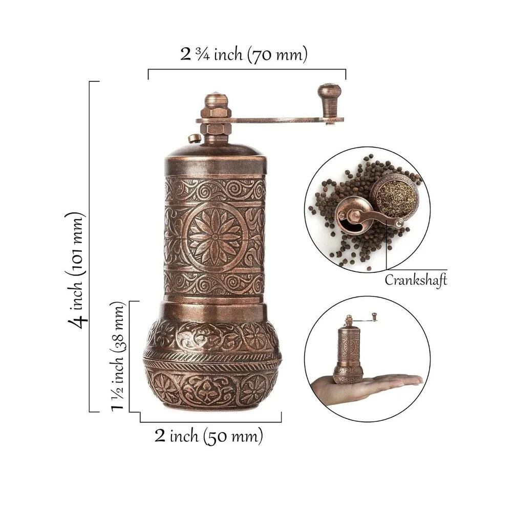 Crystalia Copper Pepper & Spice Hand Carved Ornate Grinder W Scoop Gift